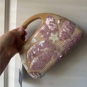 Sequin Floral Women Bag with Wooden Handle